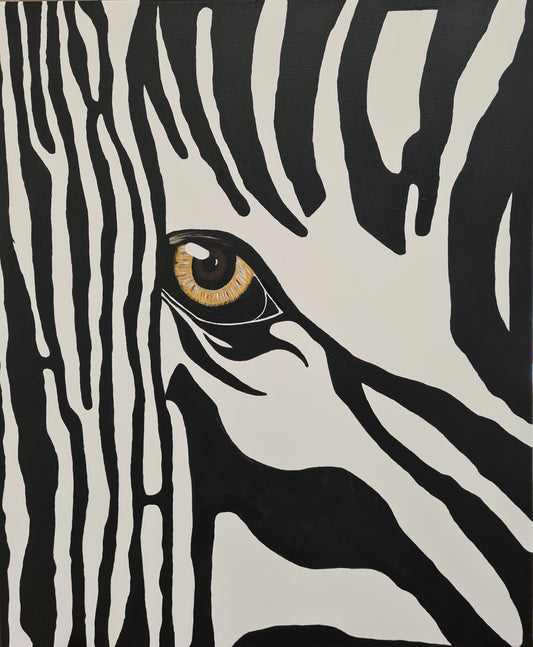 A hand-painted acrylic painting on canvas board, this work explores the elegance of the zebra through bold contrasts and rhythmic linear patterns. Measuring 50 x 60 cm