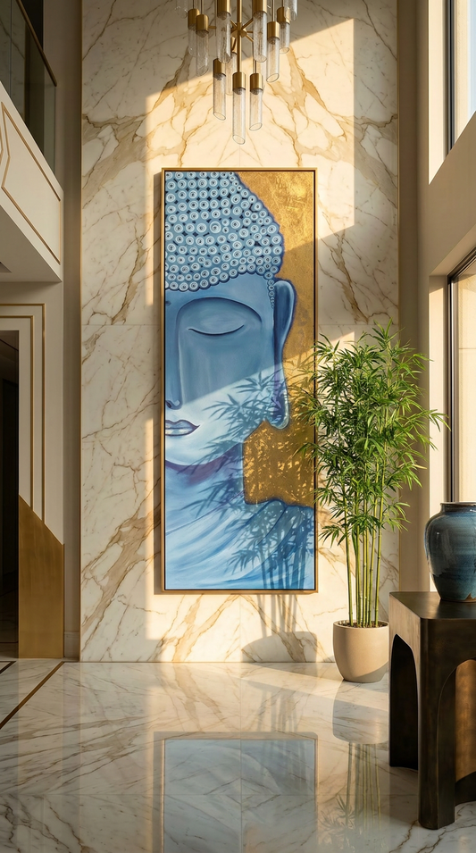 This captivating oil painting portrays Buddha in serene contemplation, expressed through a harmonious blend of deep blue and radiant gold hues. Measuring 30 x 88 cm